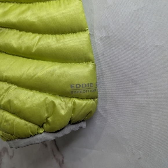 Eddie Bauer Down Puffer Jacket Womens XS Yellow Gray Neon Coat Hood 800 FP - Picture 10 of 13